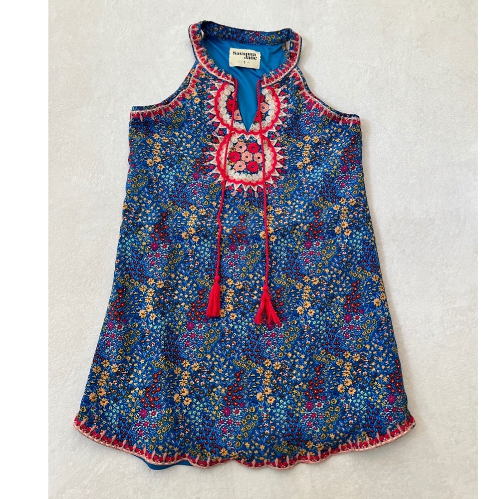 Savanna Jane Dress Blue Floral Embroidered Tassel Boho Mini Size S